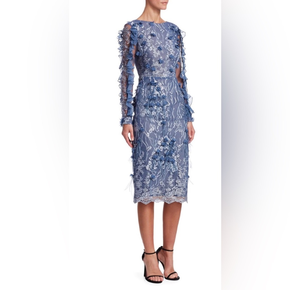 David Meister Blue Lace Feather Dress Size 8 Floral‎ Applique